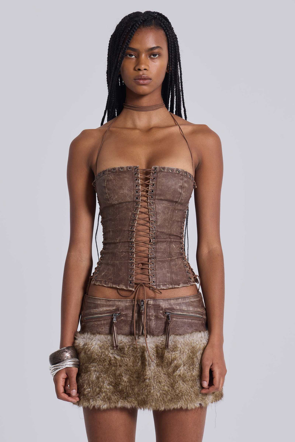 Jaded London Raven Faux Fur & Leather Skirt