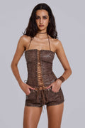 Jaded London Odile Brown Faux Leather Lace Up Corset