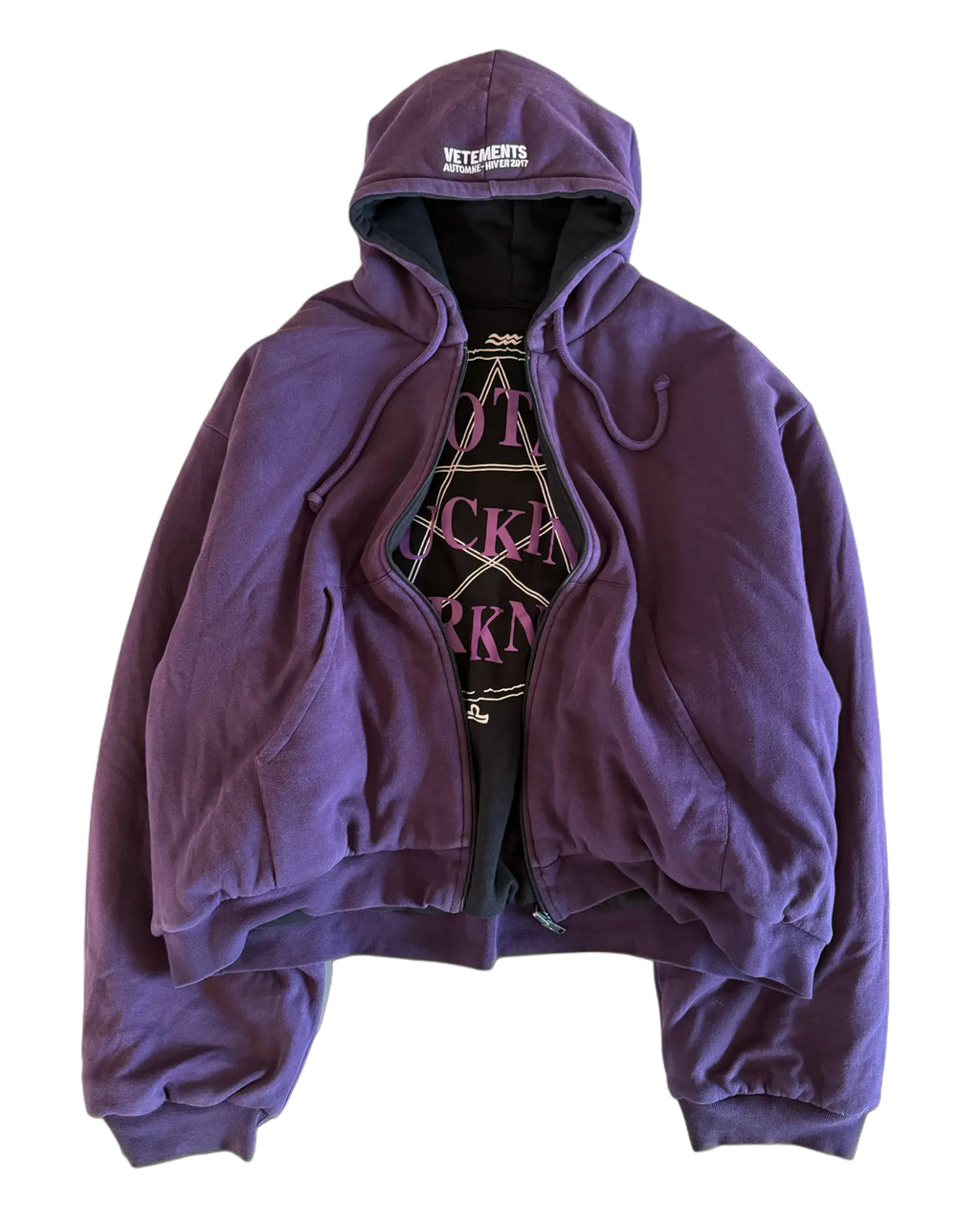 VETEMENTS AW6 RUNWAY 11' INCH GUN CLUB / TFD REVERSIBLE ZIP UP HOODED JACKET [BLACK/PURPLE]