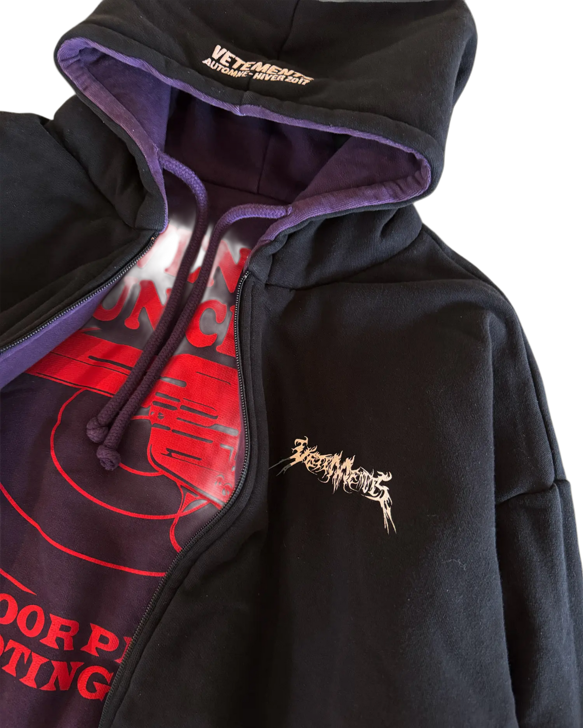 VETEMENTS AW6 RUNWAY 11' INCH GUN CLUB / TFD REVERSIBLE ZIP UP HOODED JACKET [BLACK/PURPLE]