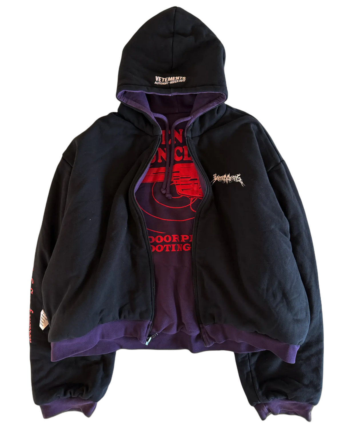 VETEMENTS AW6 RUNWAY 11' INCH GUN CLUB / TFD REVERSIBLE ZIP UP HOODED JACKET [BLACK/PURPLE]